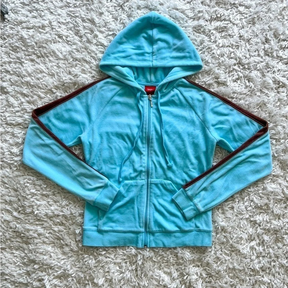 Y2K Mossimo Blue & Brown Velour Full Zip Hoodie - Picture 3 of 6